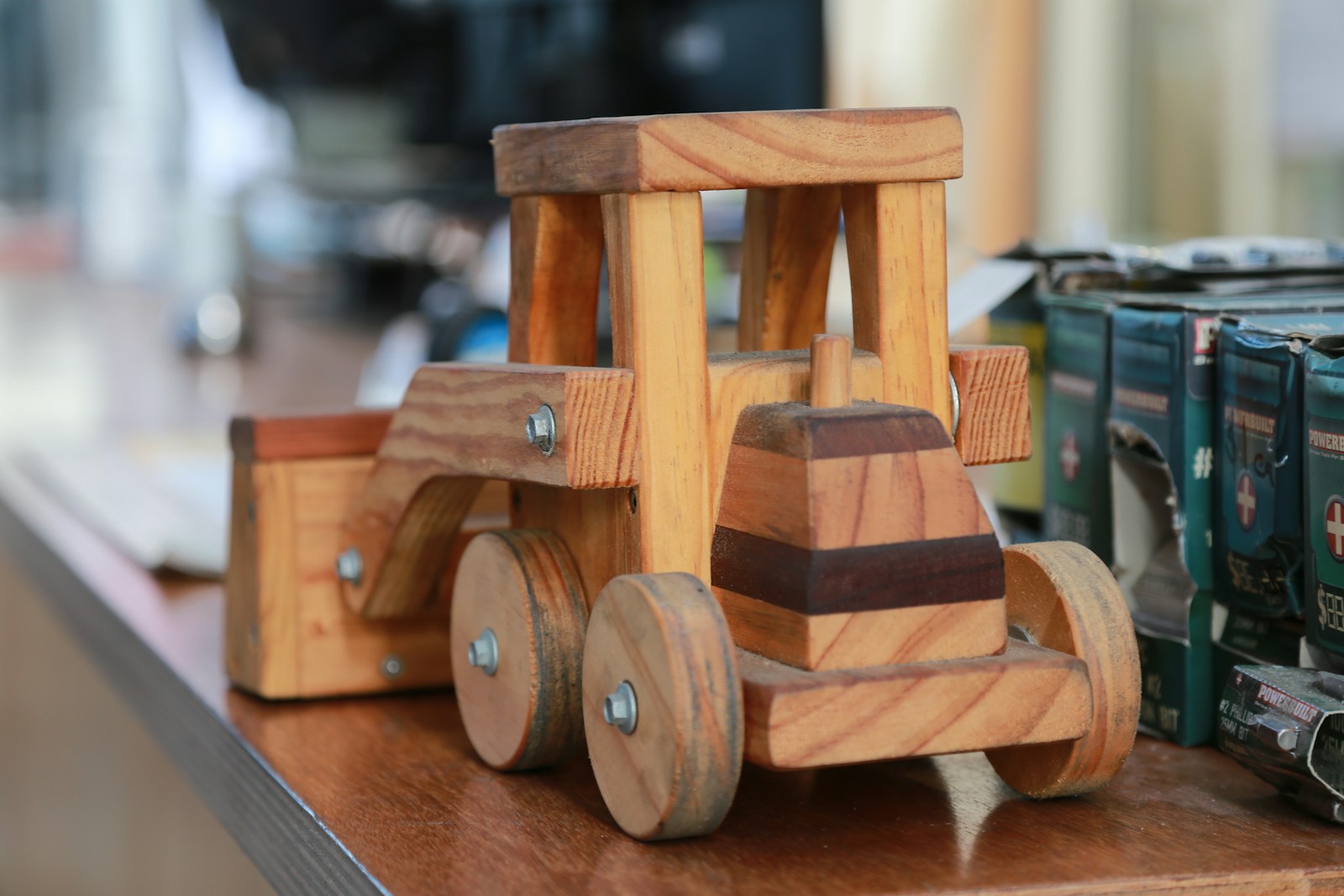 Wooden toy train on a wooden table